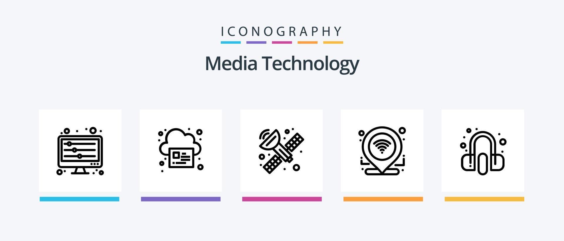 paquete de iconos de la línea 5 de tecnología de medios que incluye reproductor de video. jugador. cámara. mostrar. película. diseño de iconos creativos vector