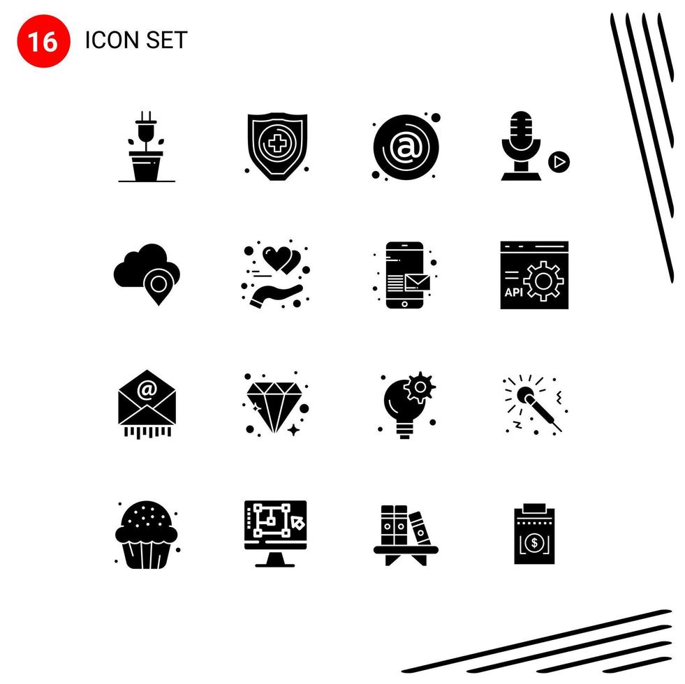 Mobile Interface Solid Glyph Set of 16 Pictograms of pin cloud contact voice recording Editable Vector Design Elements
