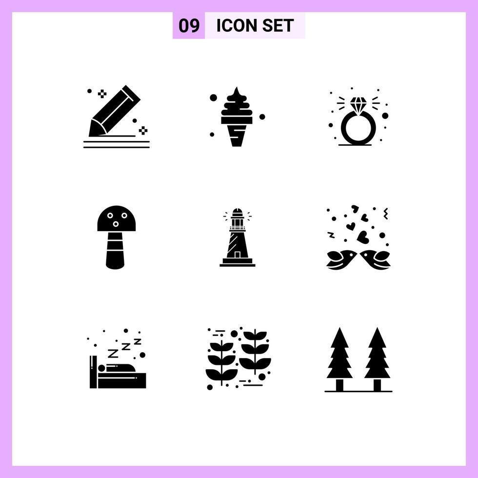 Mobile Interface Solid Glyph Set of 9 Pictograms of house vegetable ice mushroom ring Editable Vector Design Elements
