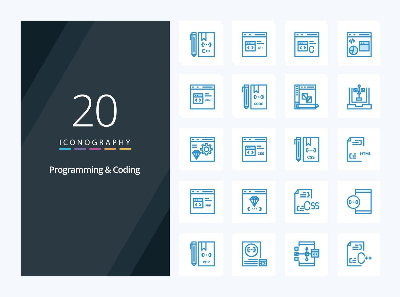 20 icono de color azul de programación y codificación para presentación vector