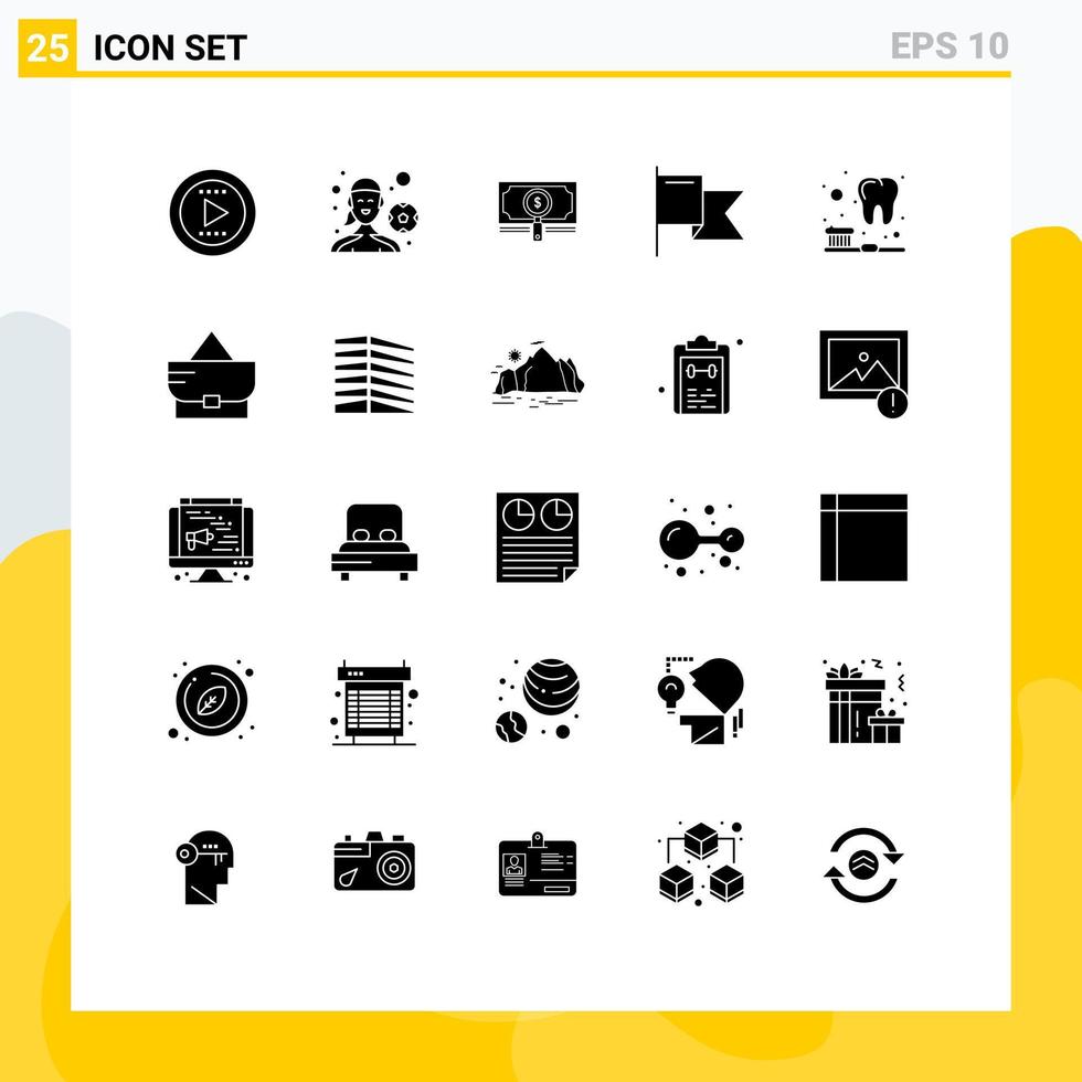 Modern Set of 25 Solid Glyphs and symbols such as teeth brush fund mark country Editable Vector Design Elements