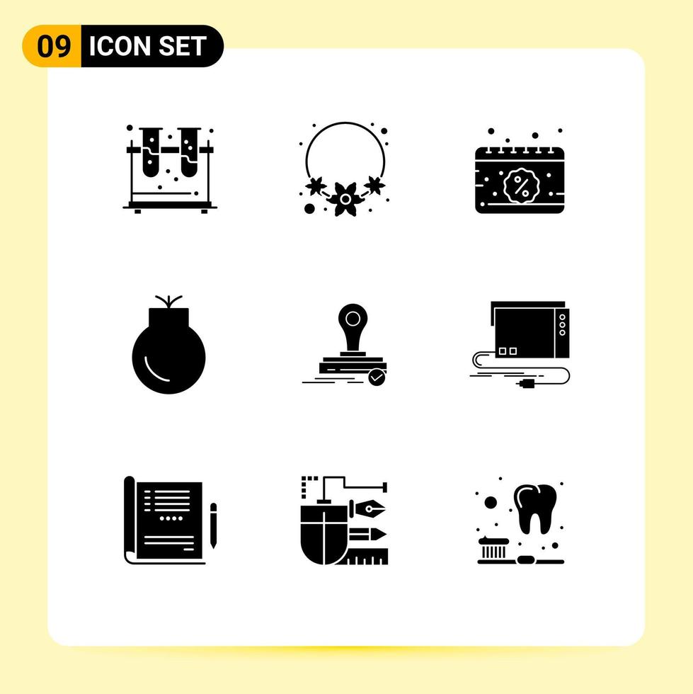 Modern Set of 9 Solid Glyphs Pictograph of press stamp date weapons medal Editable Vector Design Elements