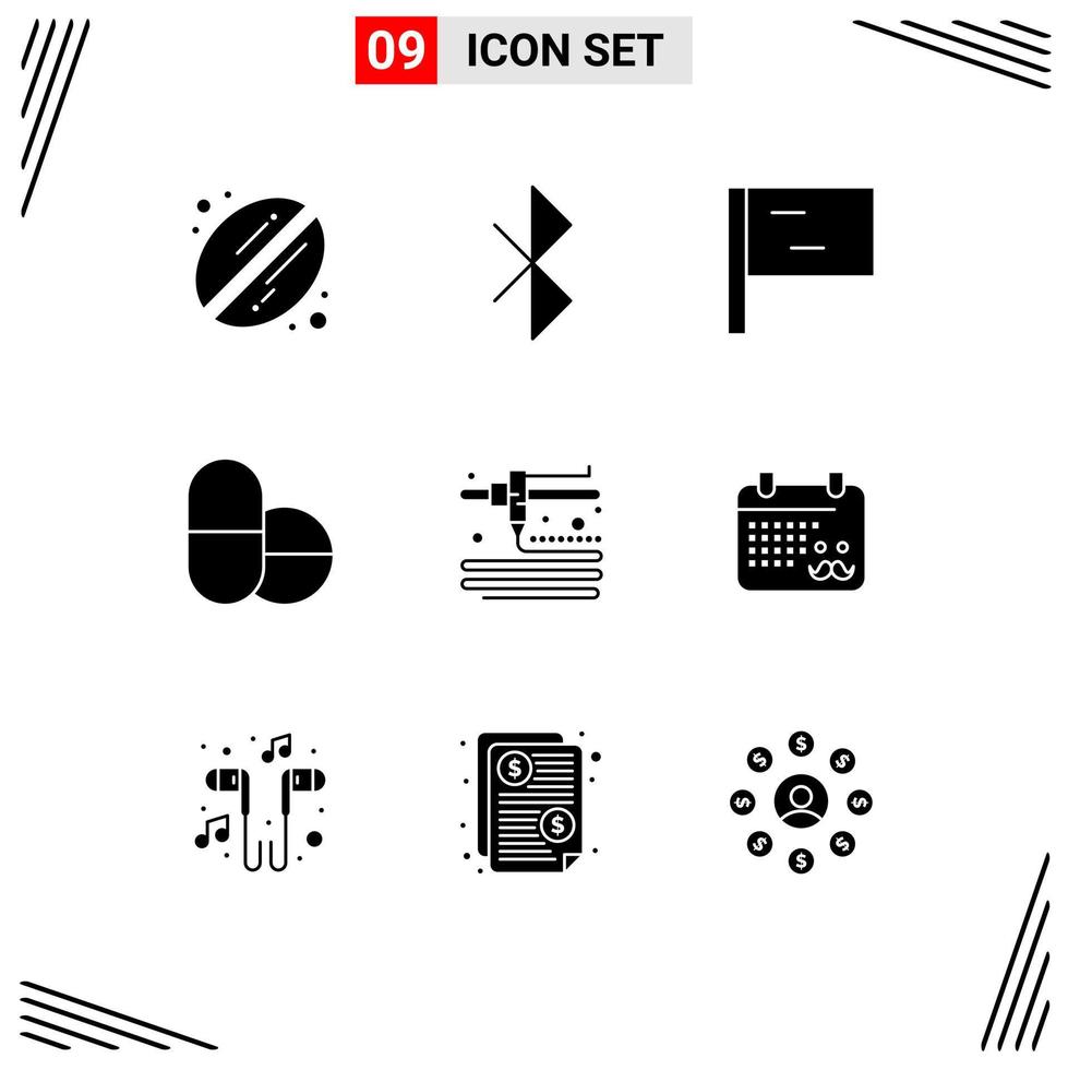 9 Thematic Vector Solid Glyphs and Editable Symbols of headset fathers day pills father calender Editable Vector Design Elements