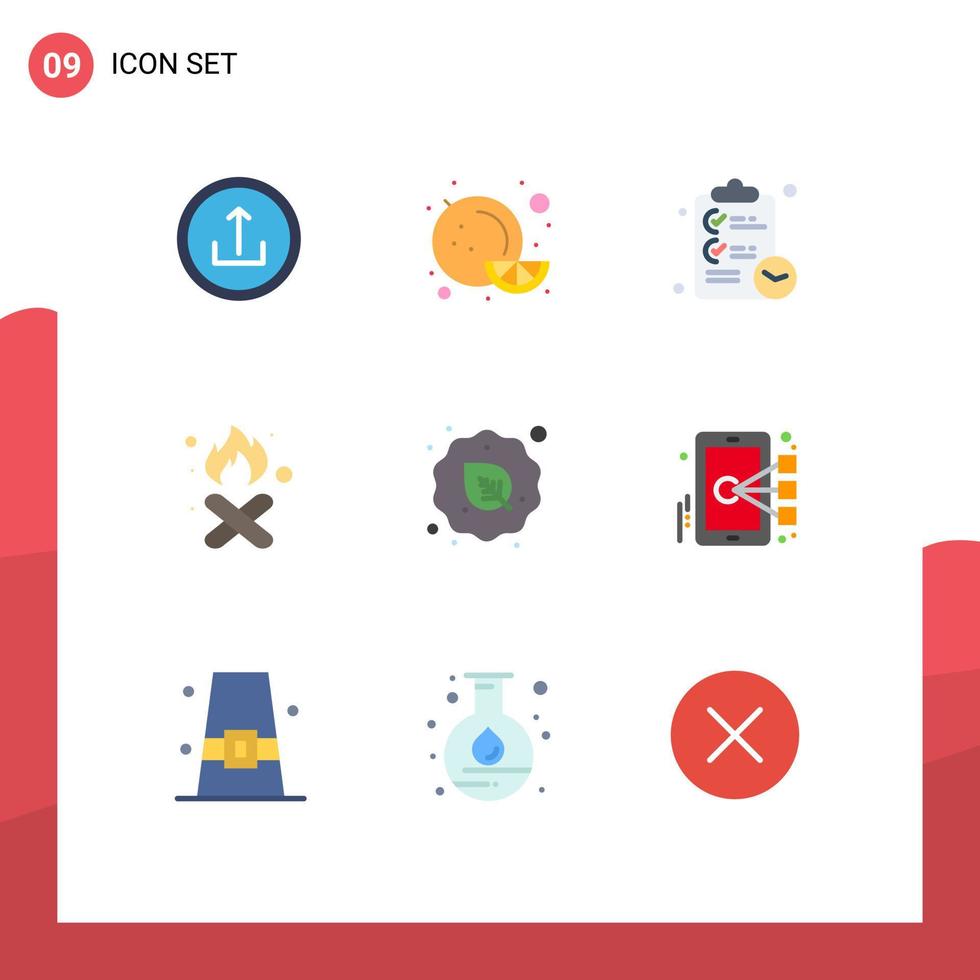 Mobile Interface Flat Color Set of 9 Pictograms of diet pollution checklist garbage burn Editable Vector Design Elements