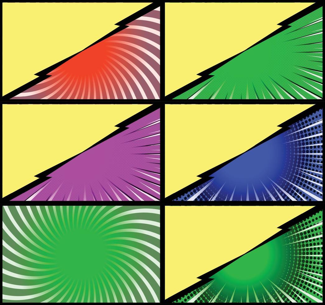 Comic book colorful frames background with halftone rays radial and dotted effects pop art style vector