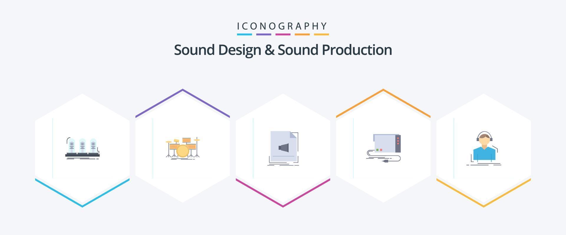 diseño de sonido y producción de sonido Paquete de 25 iconos planos que incluye tarjeta. sonido. instrumento. música. expediente vector