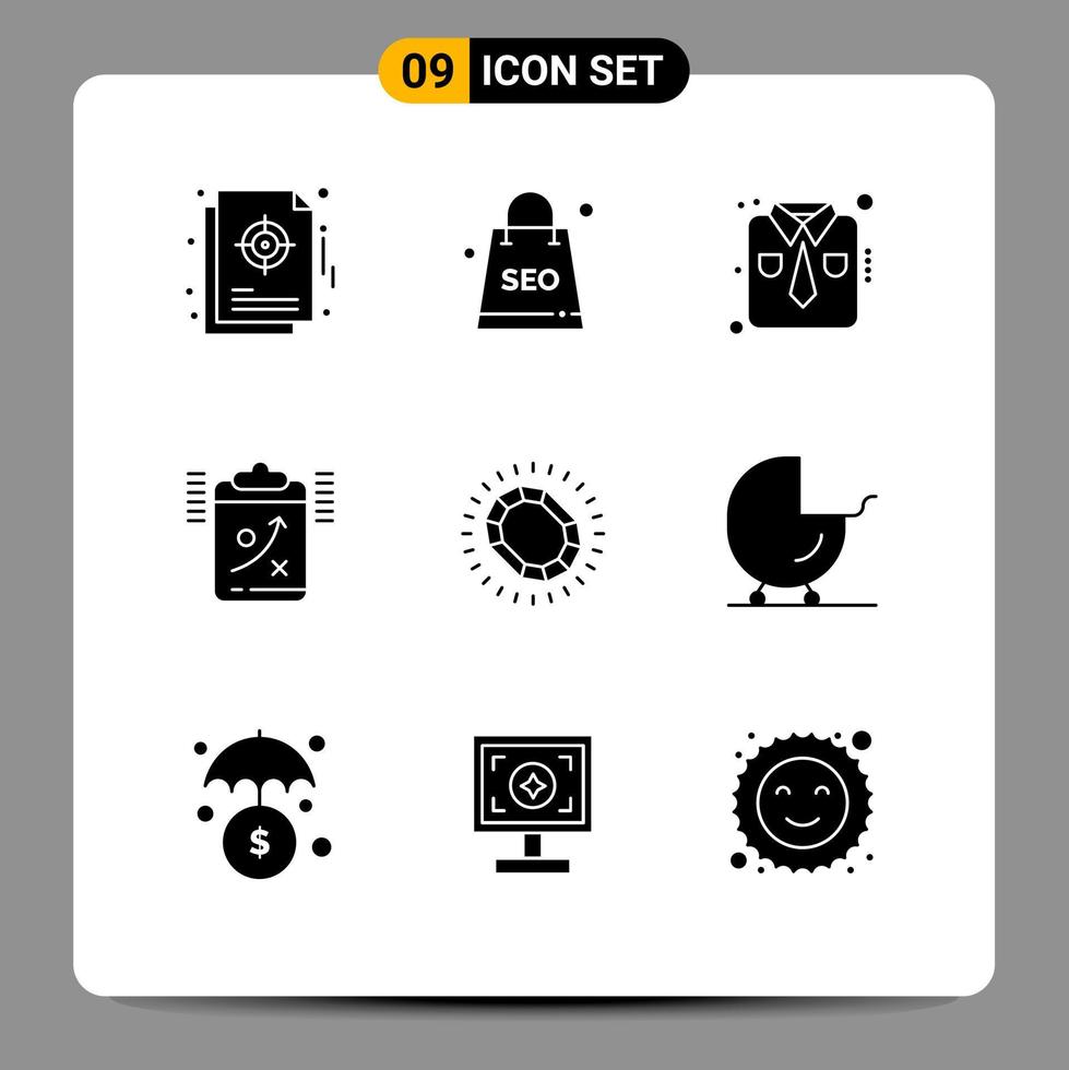 Group of 9 Modern Solid Glyphs Set for management strategy seo package planning work wear Editable Vector Design Elements