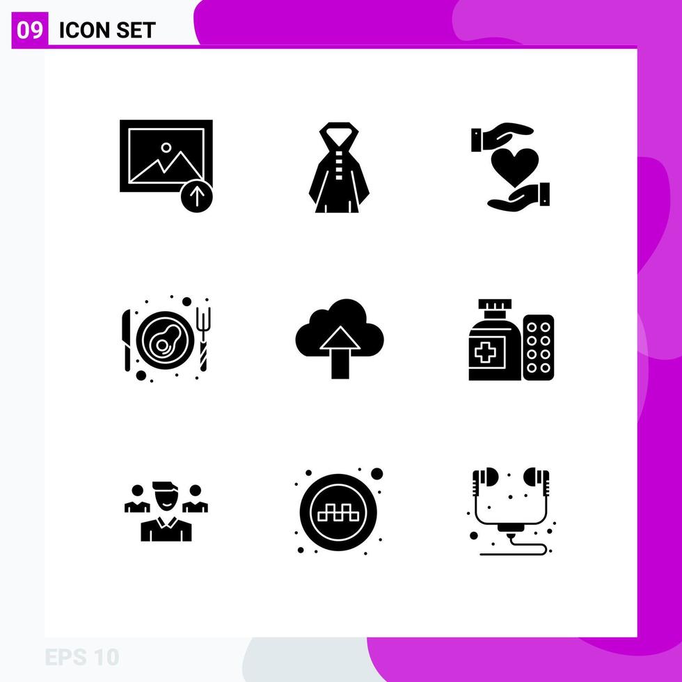 Modern Set of 9 Solid Glyphs and symbols such as cloud upload hand arrow breakfast Editable Vector Design Elements