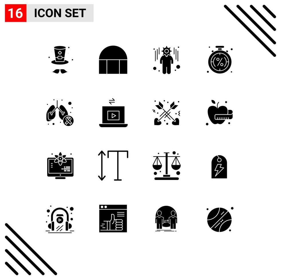 16 User Interface Solid Glyph Pack of modern Signs and Symbols of lung cancer management shopping percentage Editable Vector Design Elements