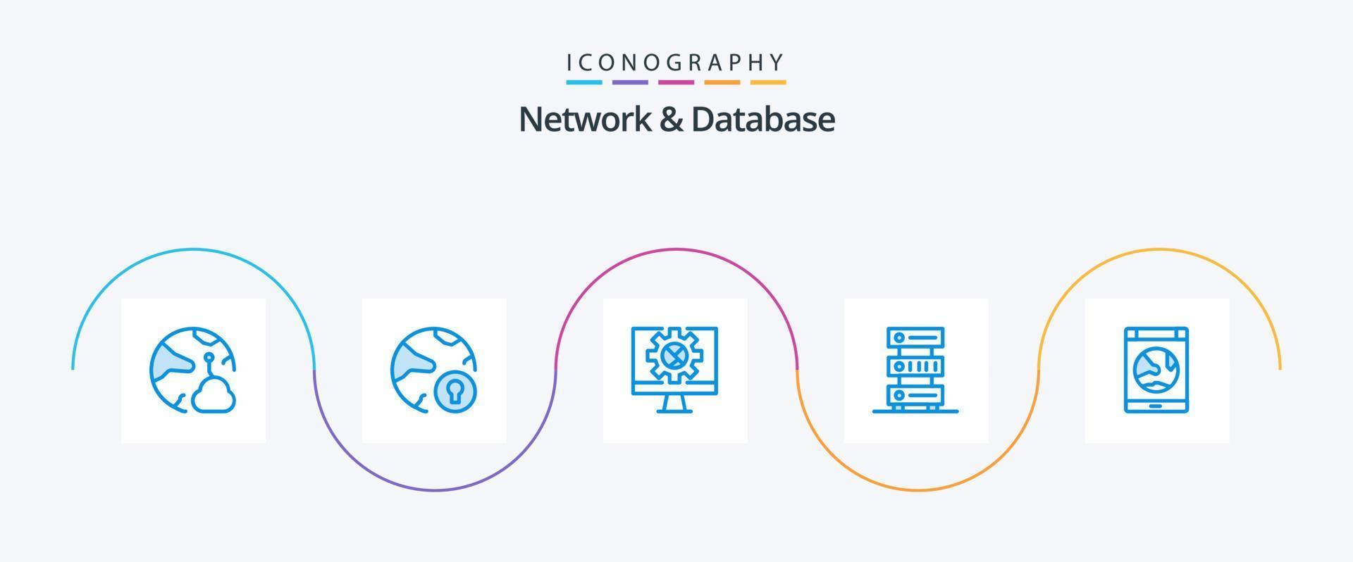 paquete de iconos azul 5 de red y base de datos que incluye alojamiento. datos. candado. en línea vector