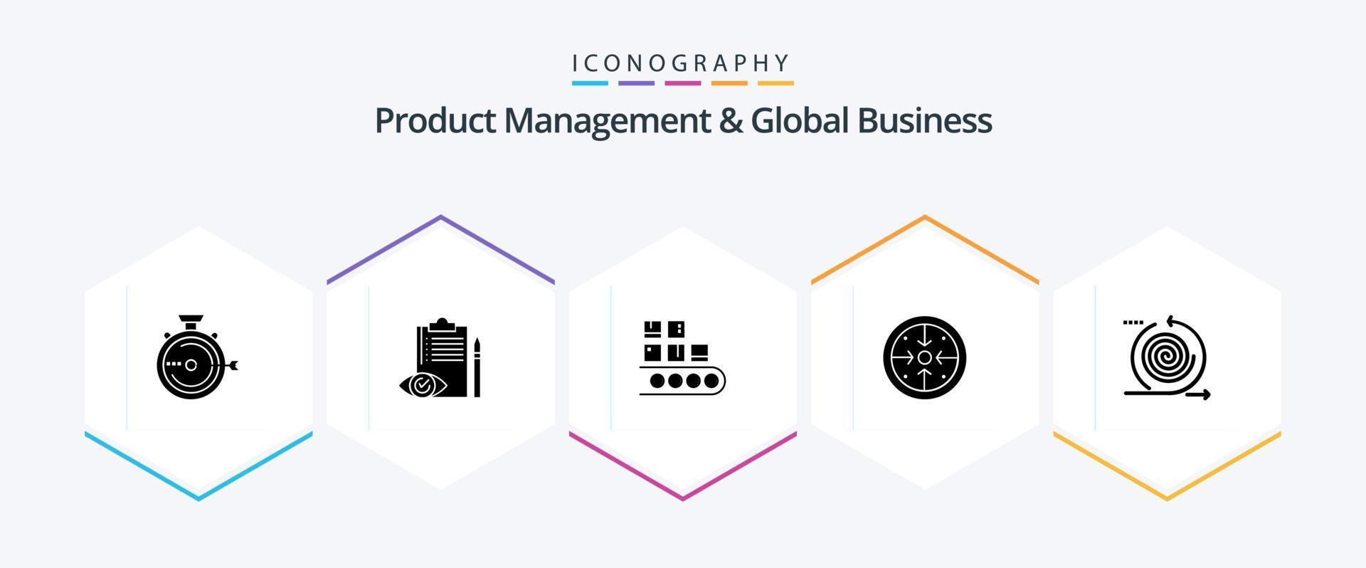Product Managment And Global Business 25 Glyph icon pack including implementation. stages. control. production. management vector