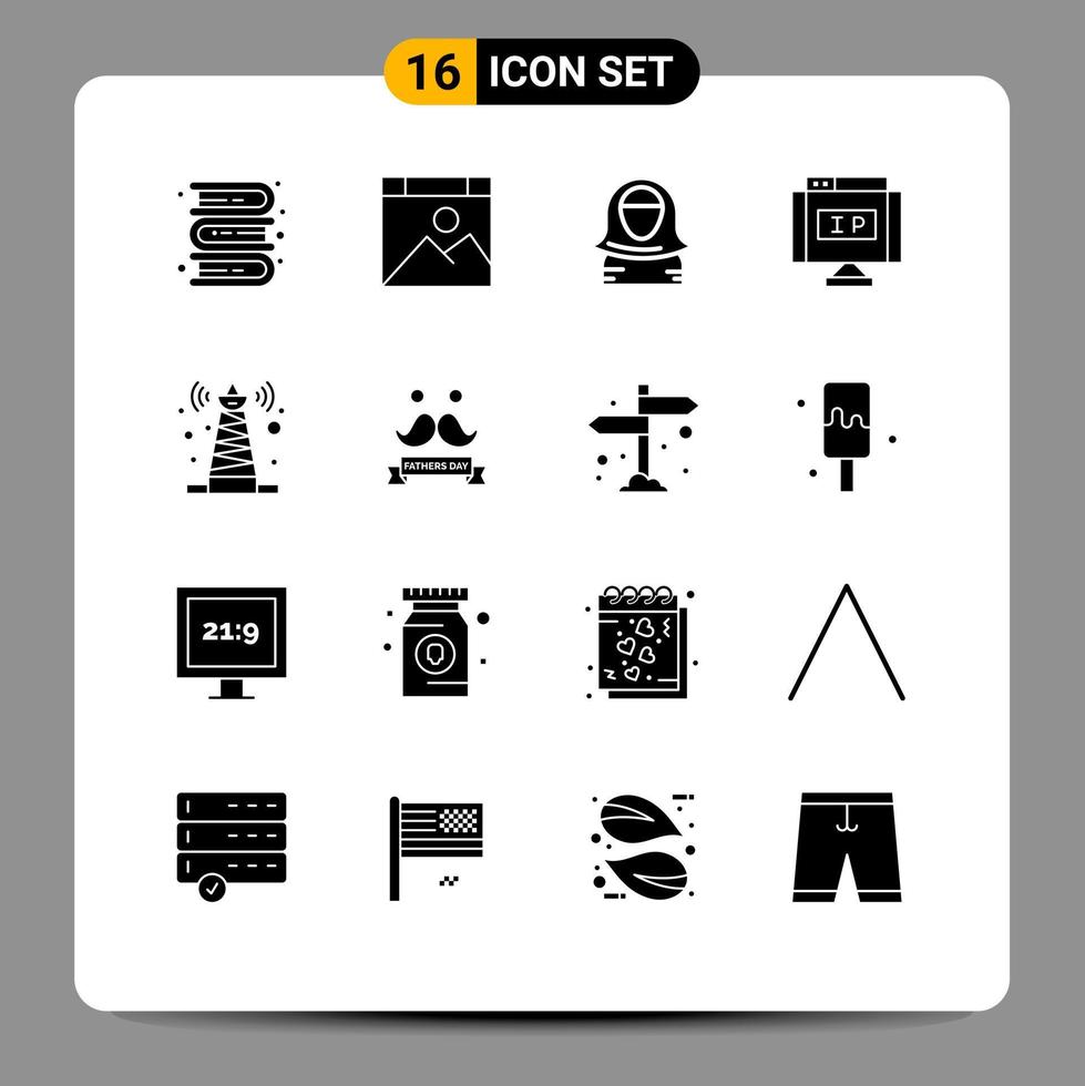 Pack of 16 creative Solid Glyphs of signal location arab ip islam Editable Vector Design Elements