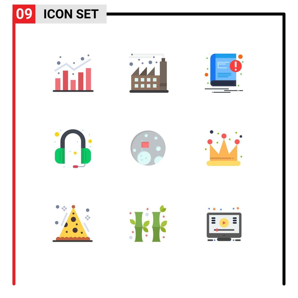 Flat Color Pack of 9 Universal Symbols of flag headphone book support communications Editable Vector Design Elements