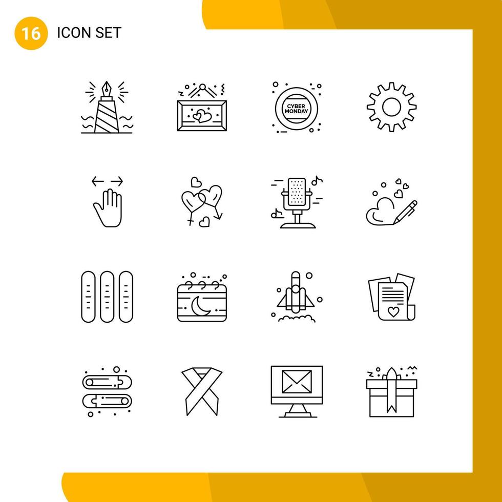 símbolos de iconos universales grupo de 16 contornos modernos de engranajes de mano engranajes de amor lunes elementos de diseño de vectores editables