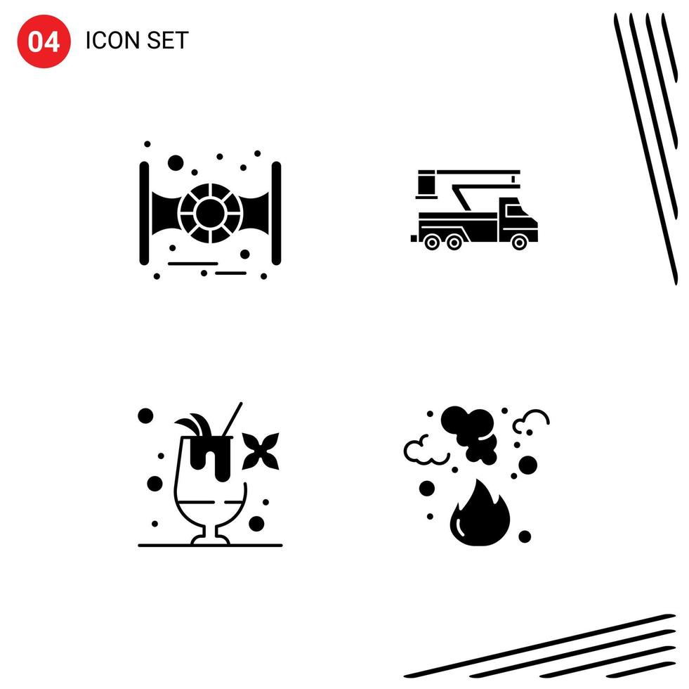 Solid Glyph Pack of 4 Universal Symbols of space food crane lifting burn Editable Vector Design Elements
