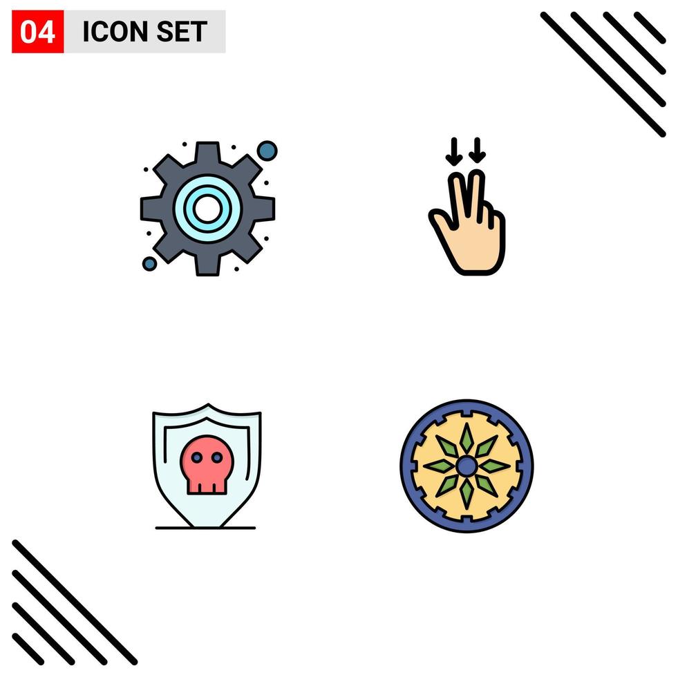 Filledline Flat Color Pack of 4 Universal Symbols of cog plain fingers shield country Editable Vector Design Elements