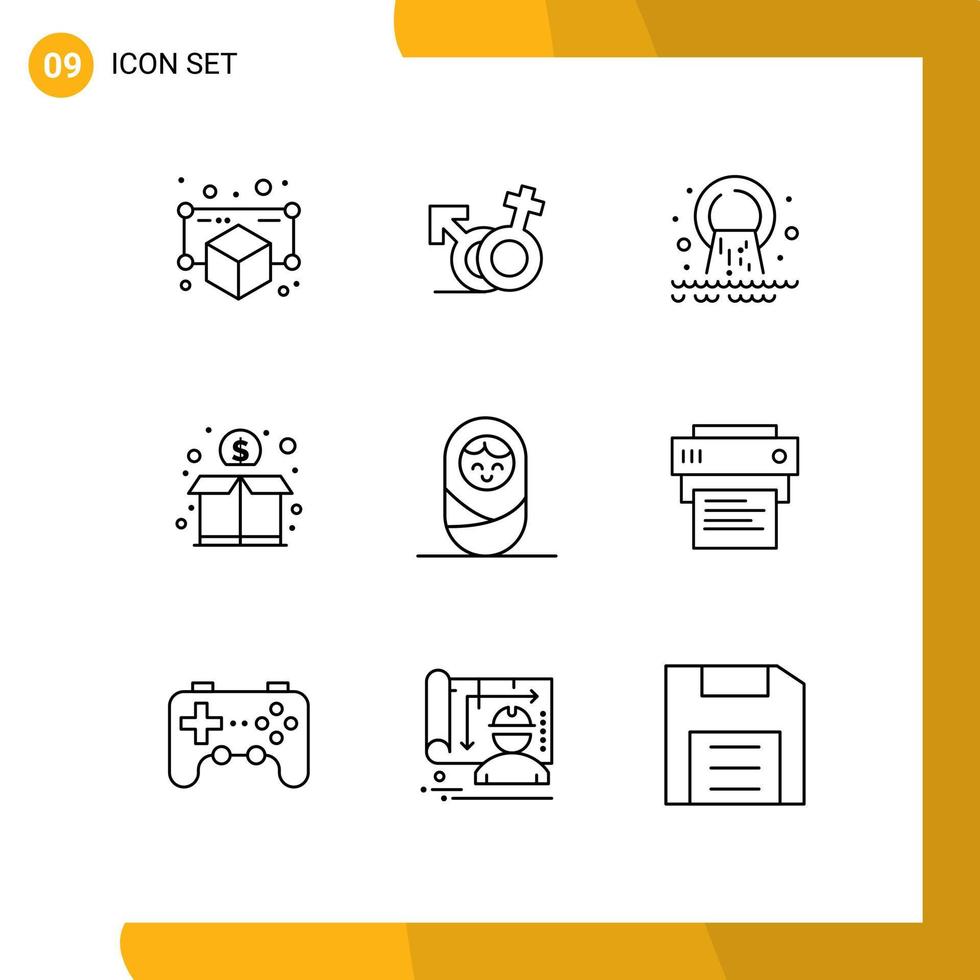 Group of 9 Modern Outlines Set for baby funding pipe donation waste Editable Vector Design Elements