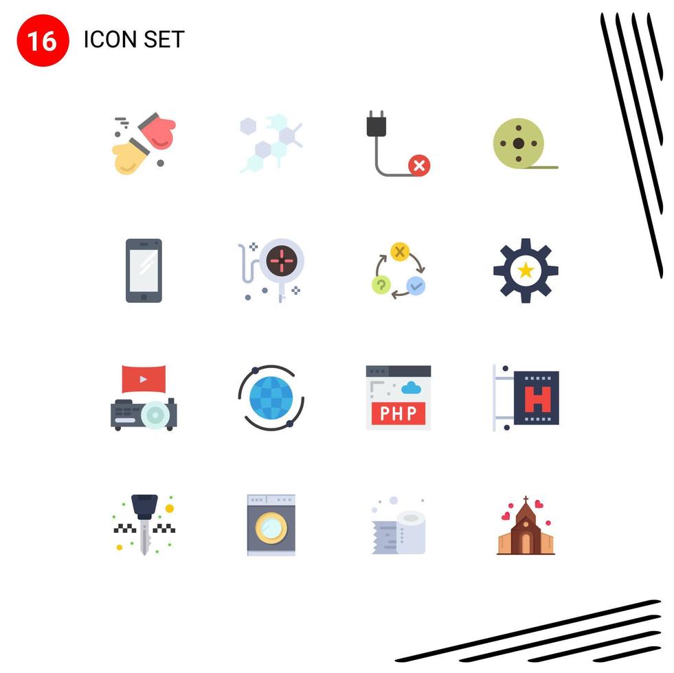 Pack of 16 Modern Flat Colors Signs and Symbols for Web Print Media such as phone movie computers film hardware Editable Pack of Creative Vector Design Elements