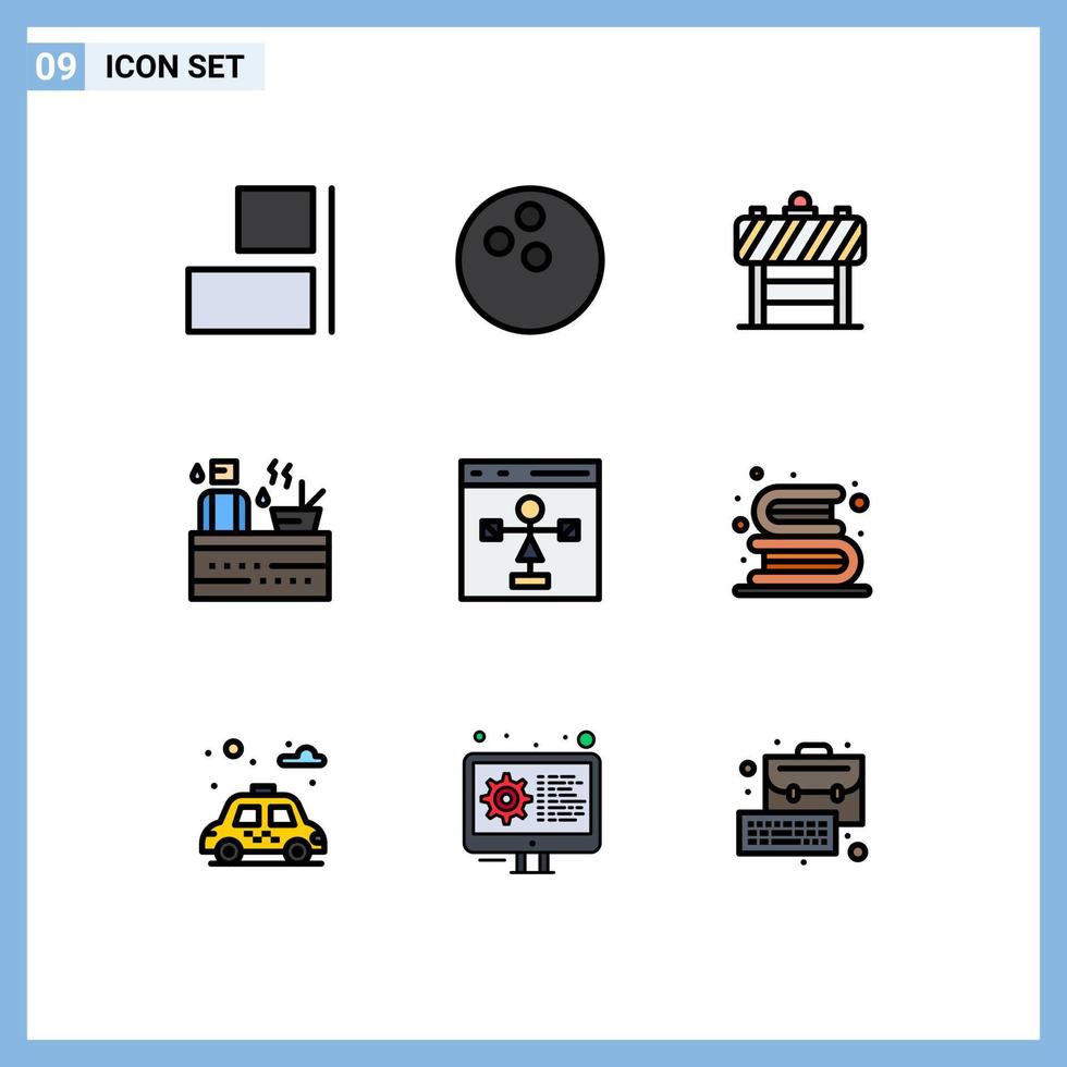 conjunto de pictogramas de 9 colores planos de línea rellena simple de diagrama de flujo desarrollar elementos de diseño vectorial editables de spa de codificación de tráfico vector