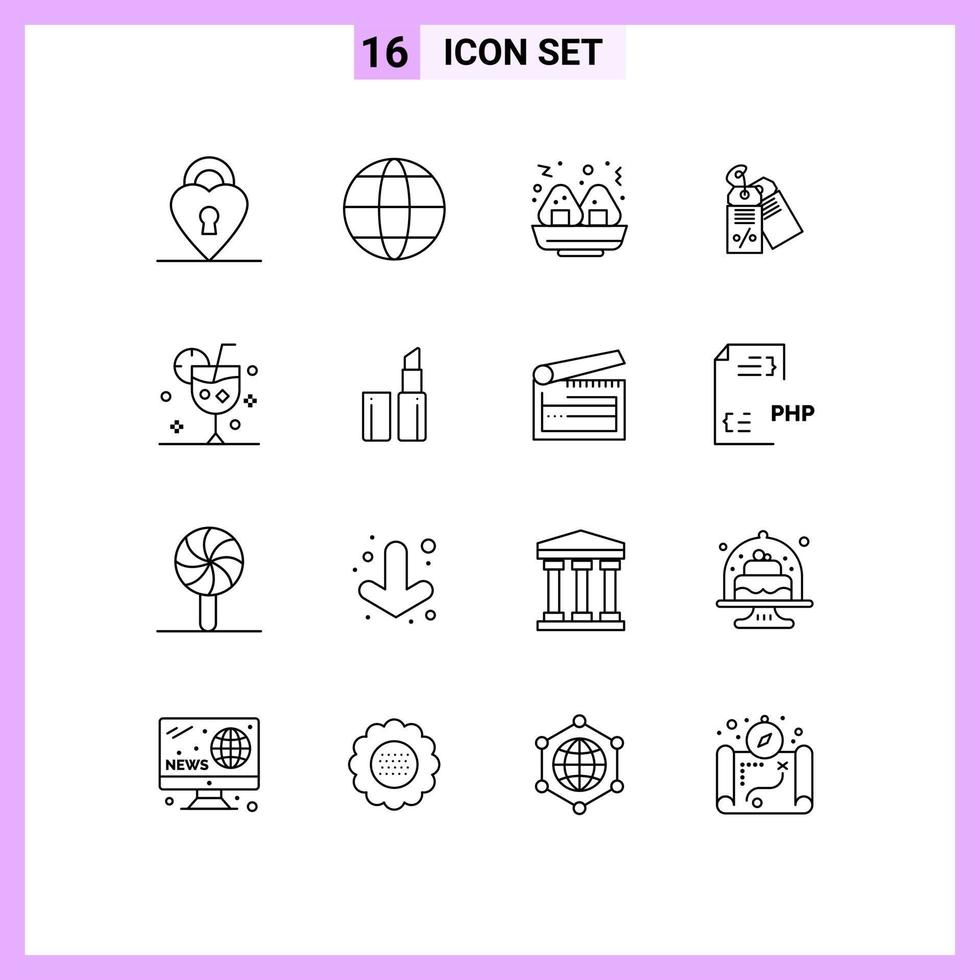 Editable Vector Line Pack of 16 Simple Outlines of lipstick glass label drink beverage Editable Vector Design Elements