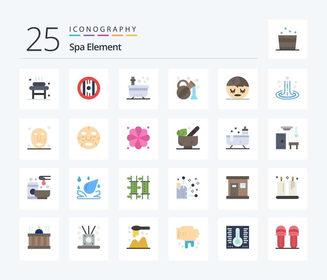 Spa Element 25 Flat Color icon pack including spa. oil. spa. olive. tub vector