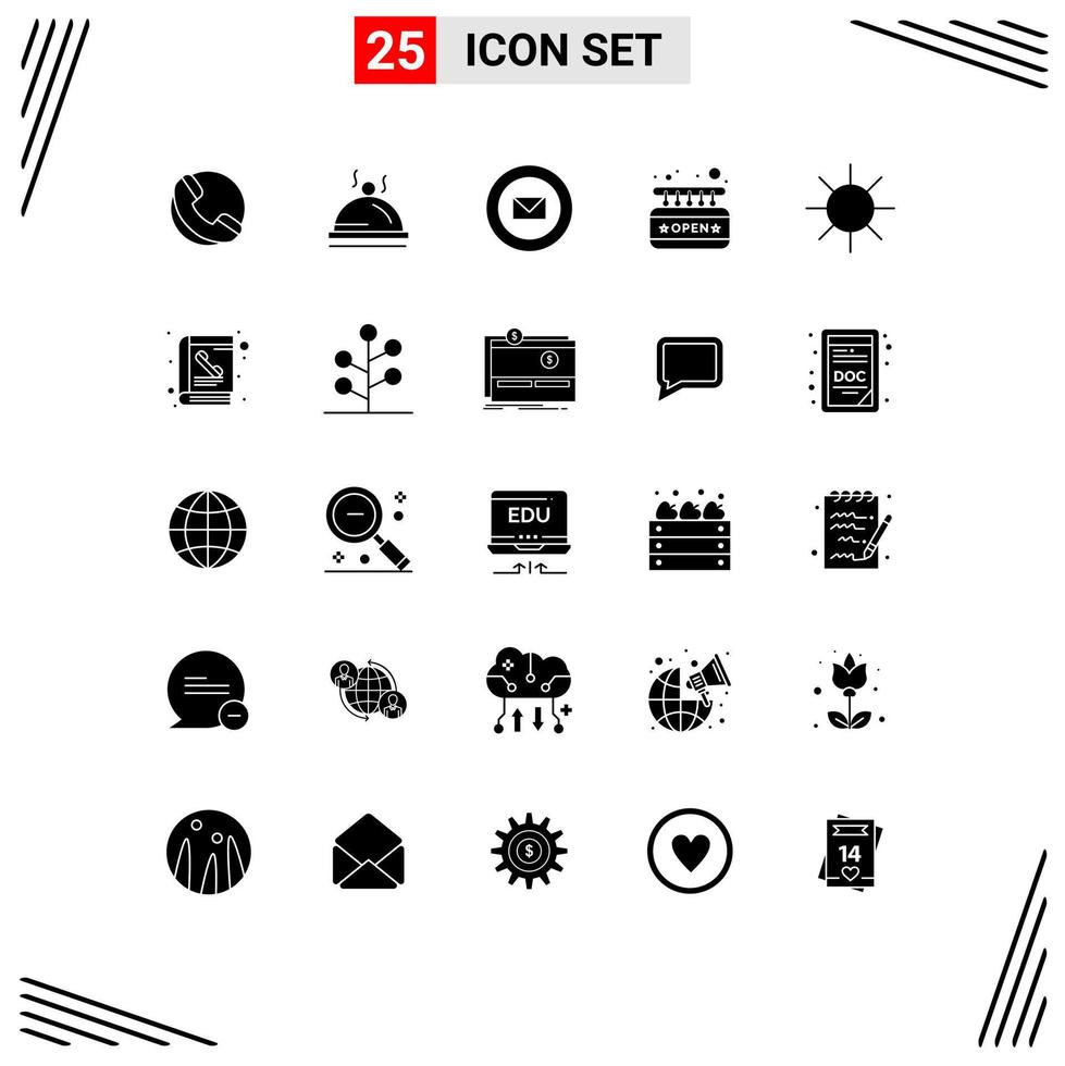 25 Thematic Vector Solid Glyphs and Editable Symbols of ray circle ribbon sign board open Editable Vector Design Elements