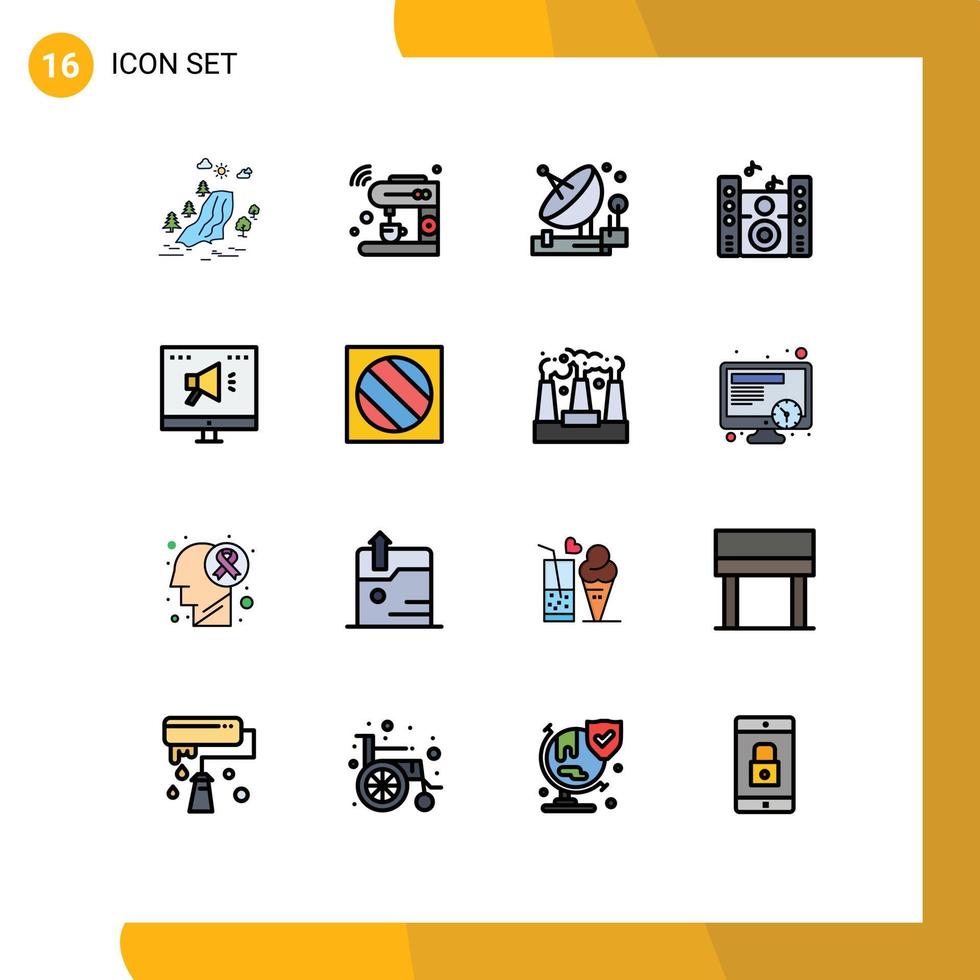 Pictogram Set of 16 Simple Flat Color Filled Lines of speaker music machine space parabolic Editable Creative Vector Design Elements