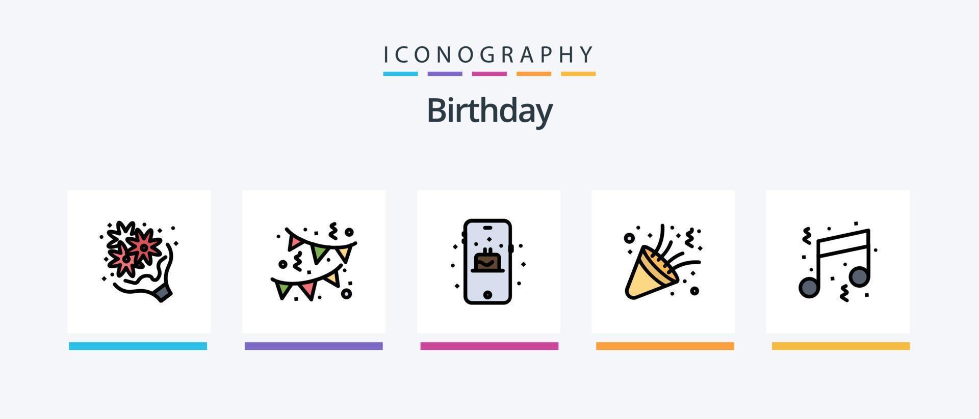 la línea de cumpleaños llenó el paquete de 5 iconos, incluido el cumpleaños. música. alcohol. instrumento. acústico. diseño de iconos creativos vector