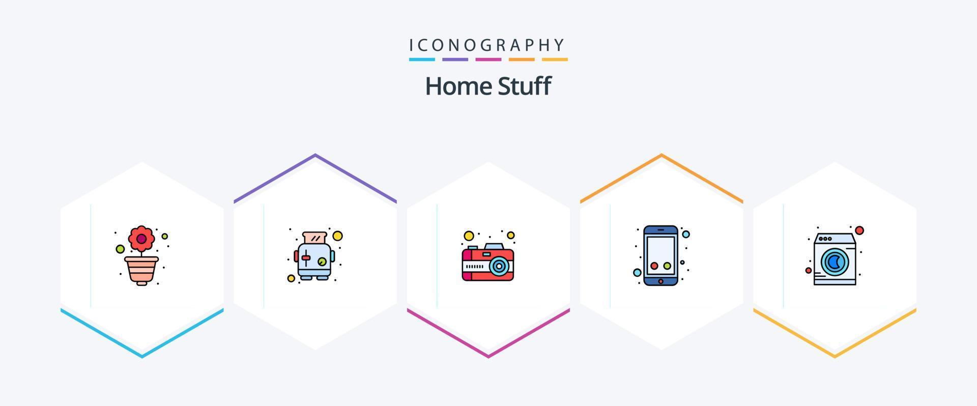 paquete de iconos de 25 líneas completas de cosas para el hogar que incluye la máquina. contacto. cámara. teléfono inteligente móvil vector