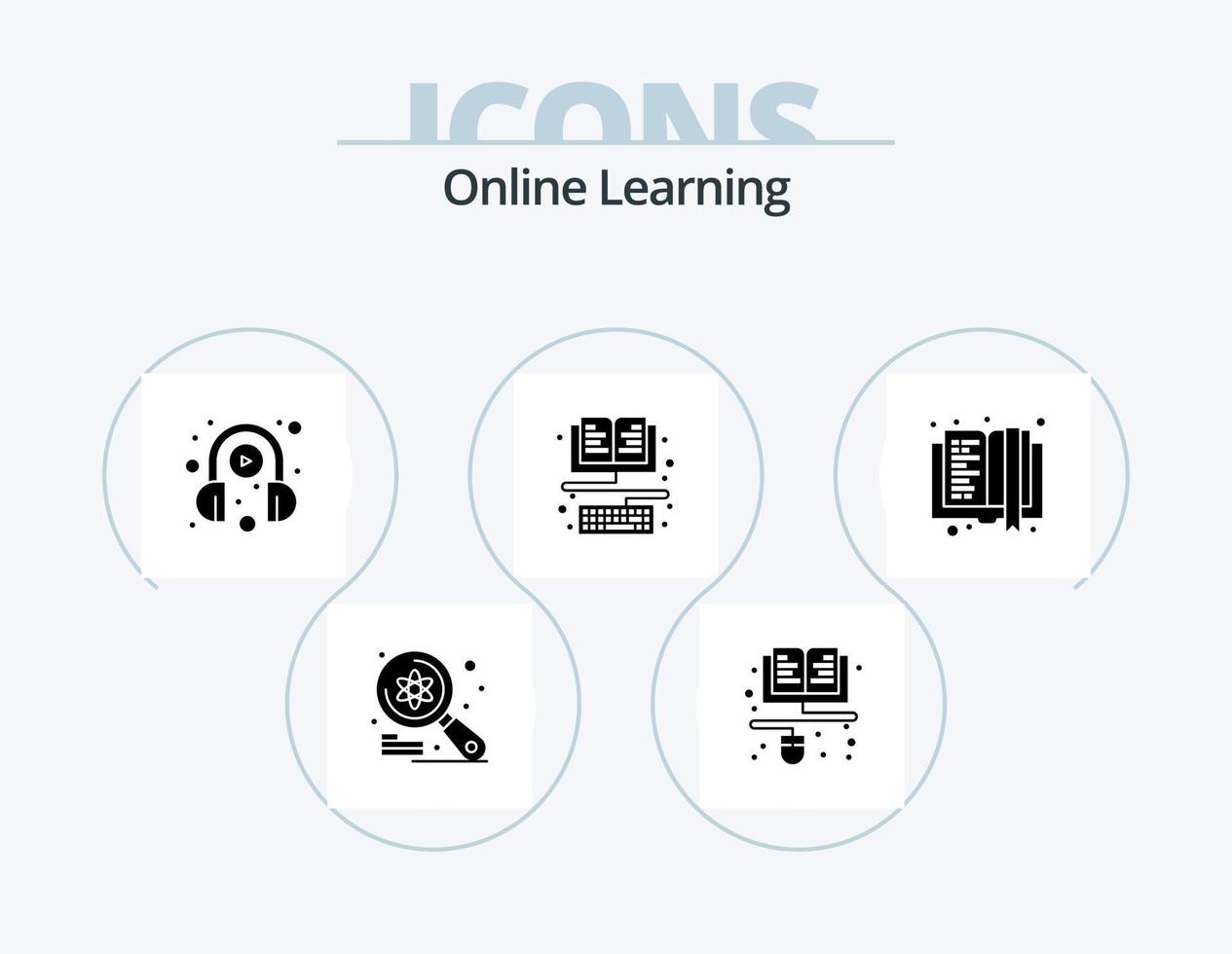 Online Learning Glyph Icon Pack 5 Icon Design. book. education. online. ebook. play vector