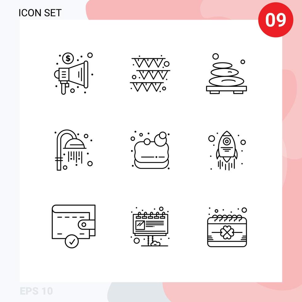 Modern Set of 9 Outlines Pictograph of lotus soap massage shower cleansing Editable Vector Design Elements