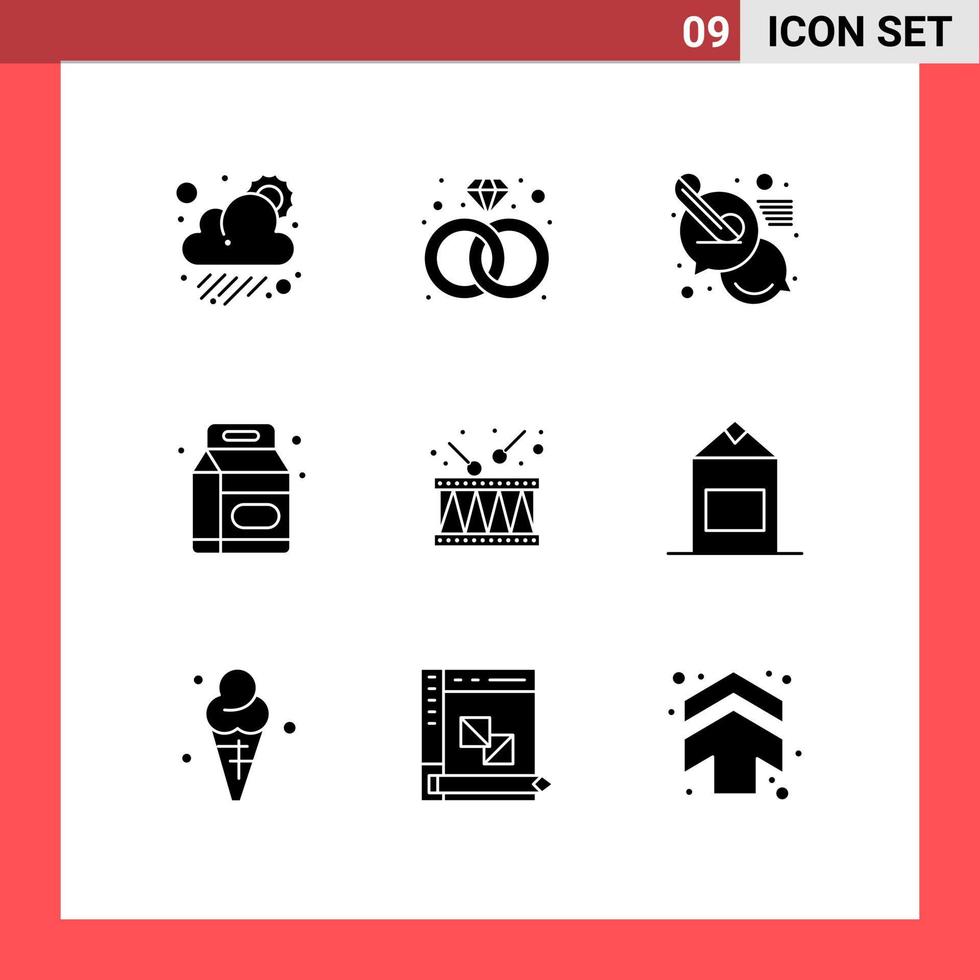 Modern Set of 9 Solid Glyphs Pictograph of local drum chat supermarket bottle Editable Vector Design Elements