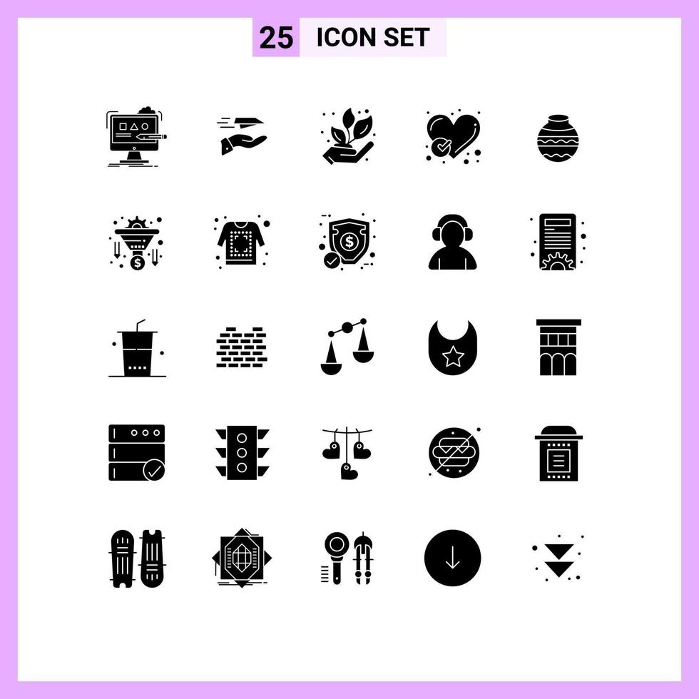 Mobile Interface Solid Glyph Set of 25 Pictograms of heart checked plane report nature Editable Vector Design Elements