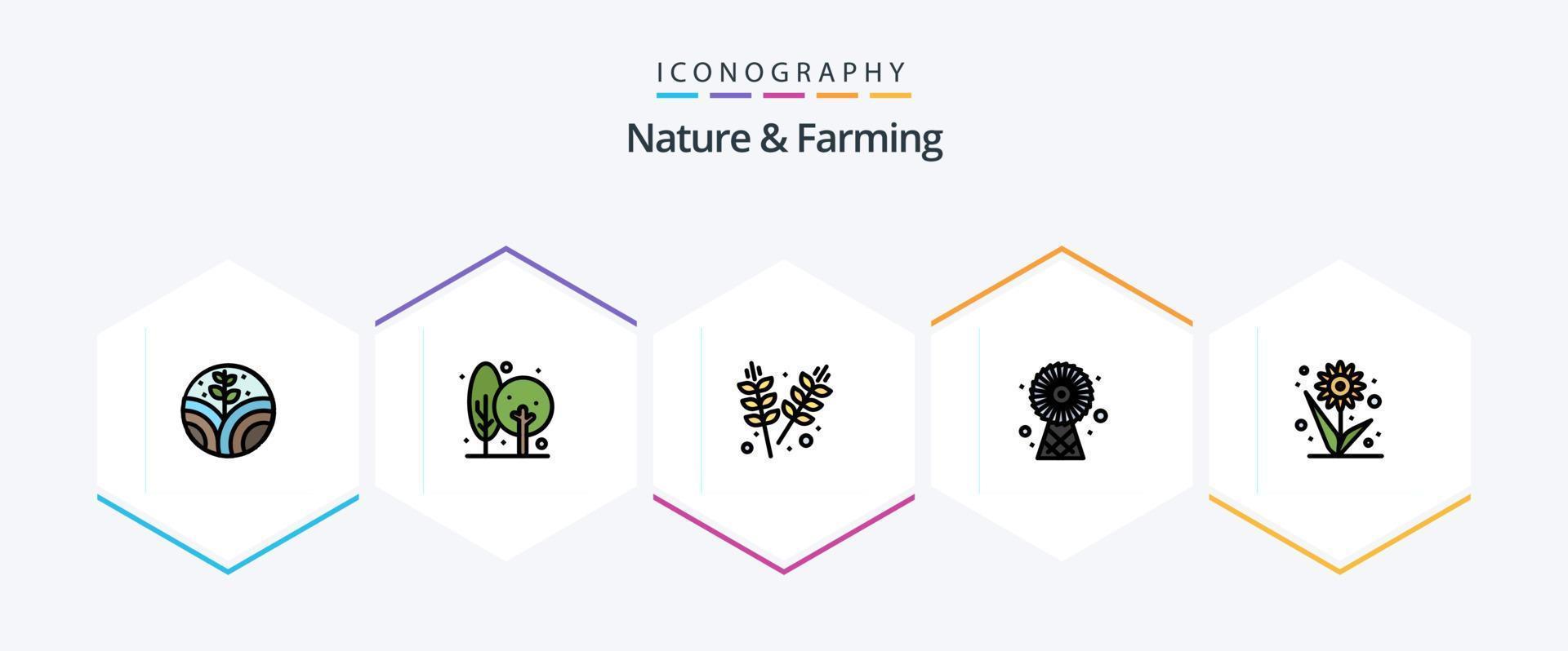 paquete de iconos de 25 líneas completas de naturaleza y agricultura que incluye flores. tecnología. agricultura. energía. edificios vector