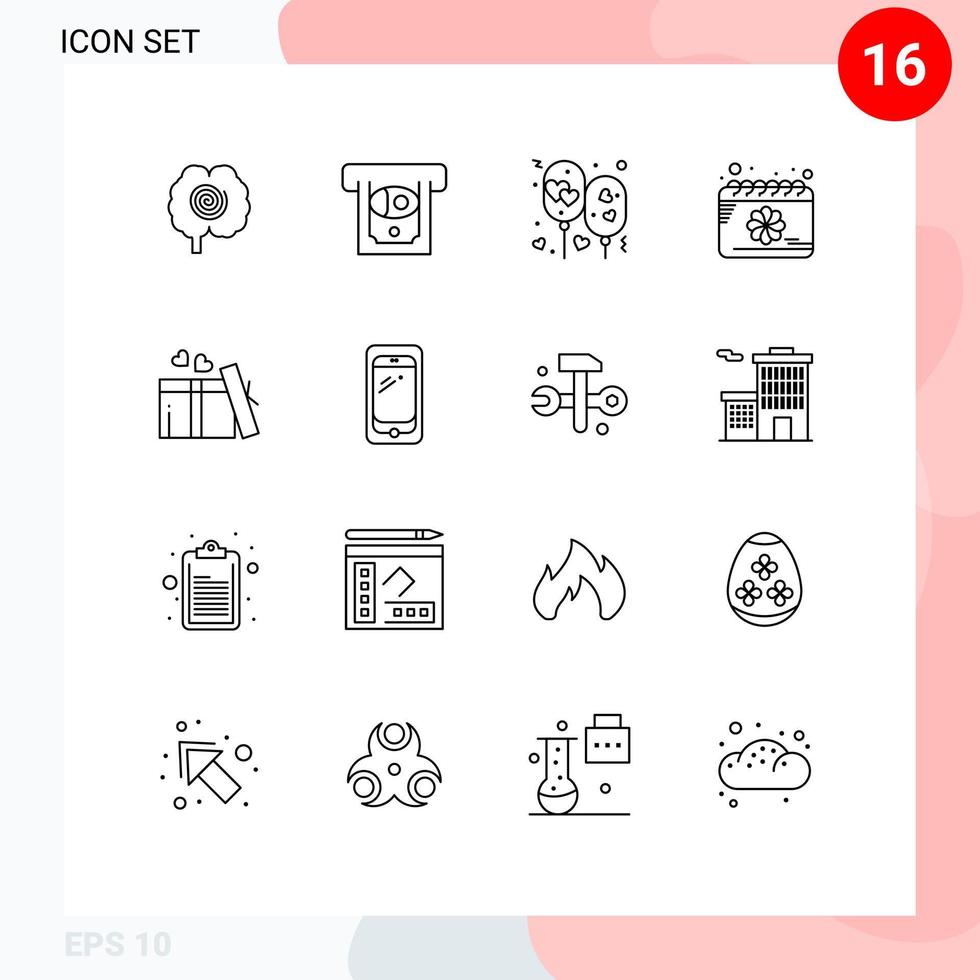 conjunto de 16 iconos de interfaz de usuario modernos símbolos signos para amor primavera globo flor calendario elementos de diseño vectorial editables vector