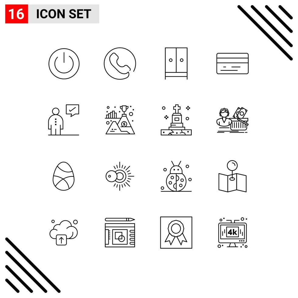 Set of 16 Vector Outlines on Grid for communication money appliances credit card hotel Editable Vector Design Elements