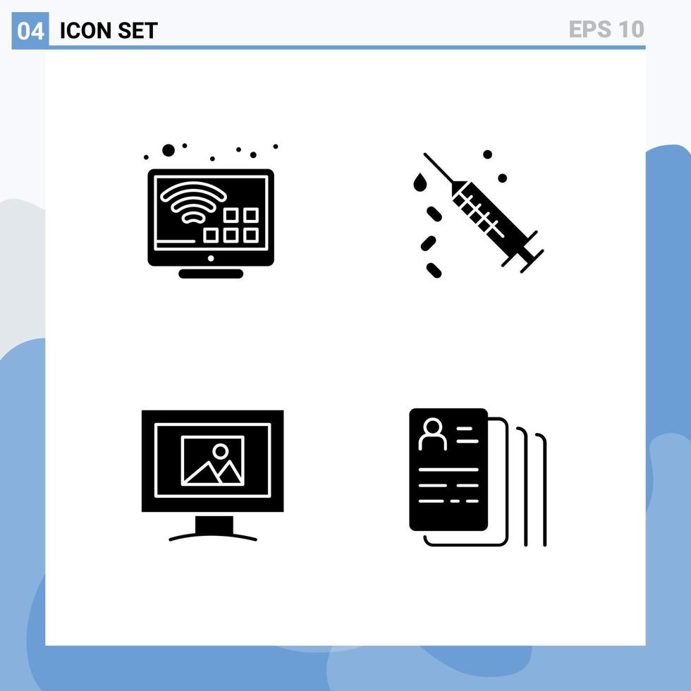 4 concepto de glifo sólido para sitios web móviles y aplicaciones entretenimiento pantalla tv documento de vacuna elementos de diseño vectorial editables vector