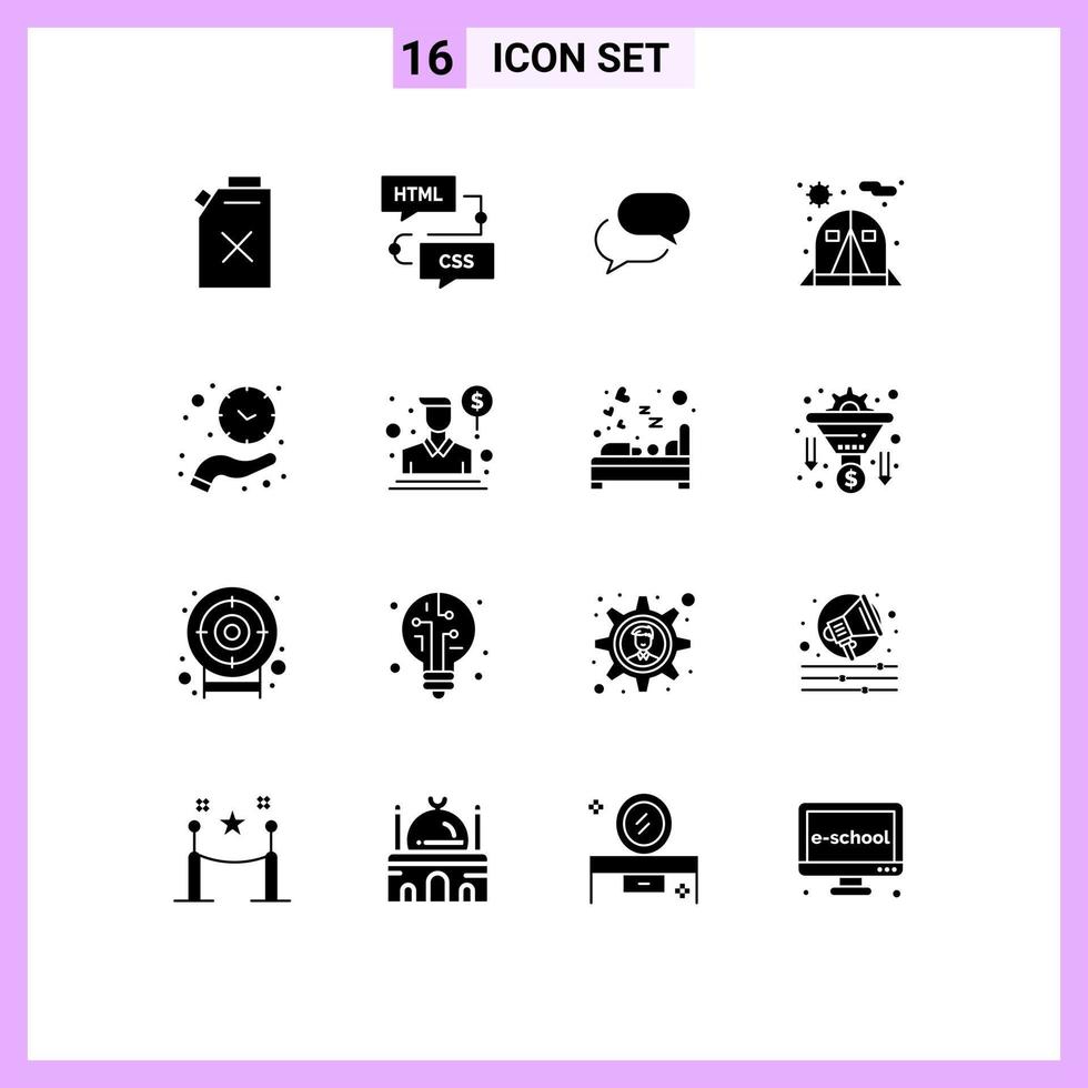 conjunto de 16 iconos modernos de la interfaz de usuario signos de símbolos para sostener el reloj chatear carpa acampar elementos de diseño vectorial editables vector