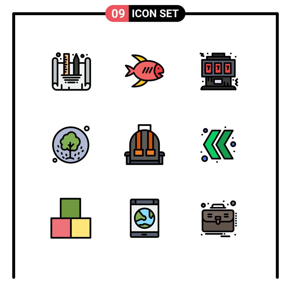 Mobile Interface Filledline Flat Color Set of 9 Pictograms of backpack summer gaming plant tree Editable Vector Design Elements