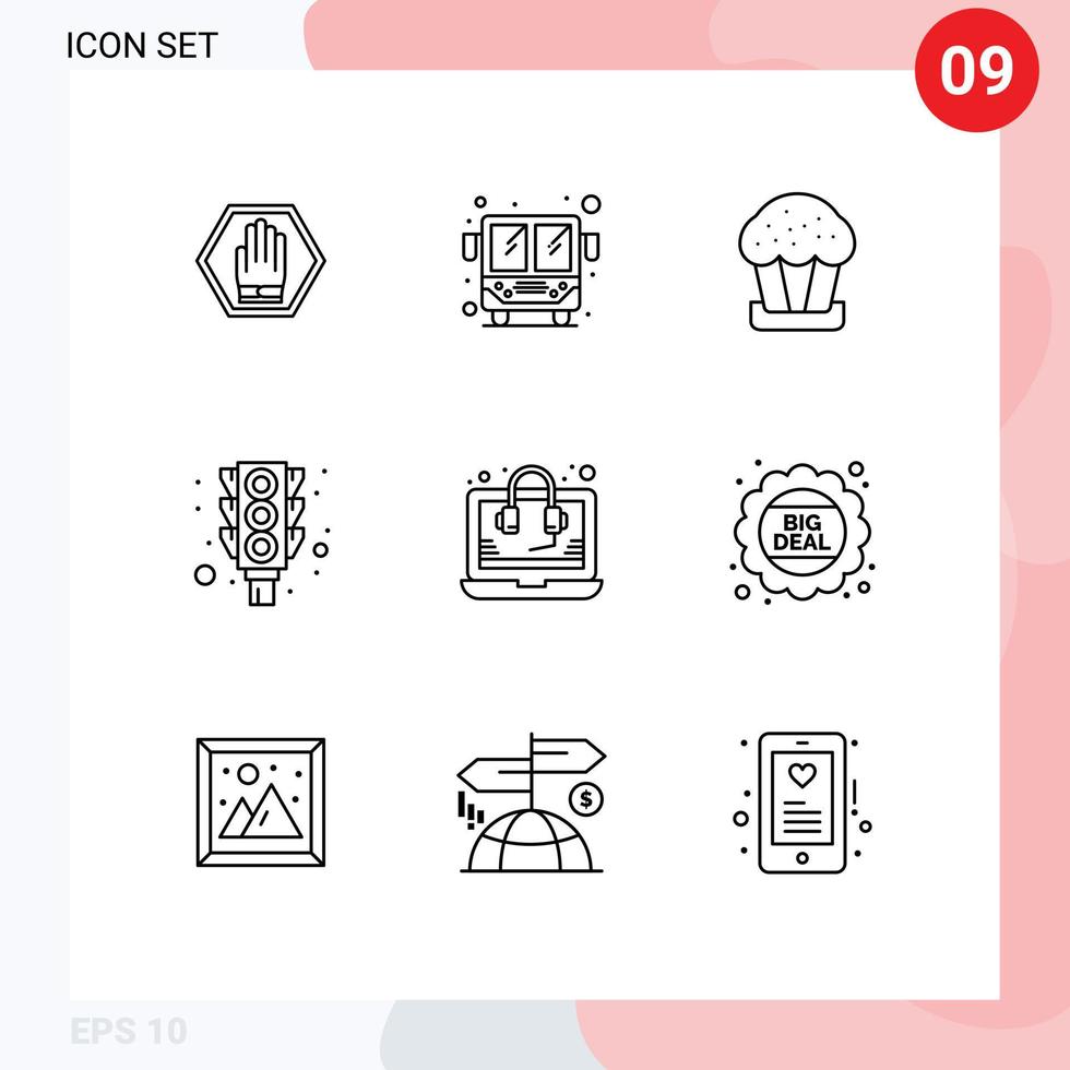 Pictogram Set of 9 Simple Outlines of help stop cake traffic light Editable Vector Design Elements