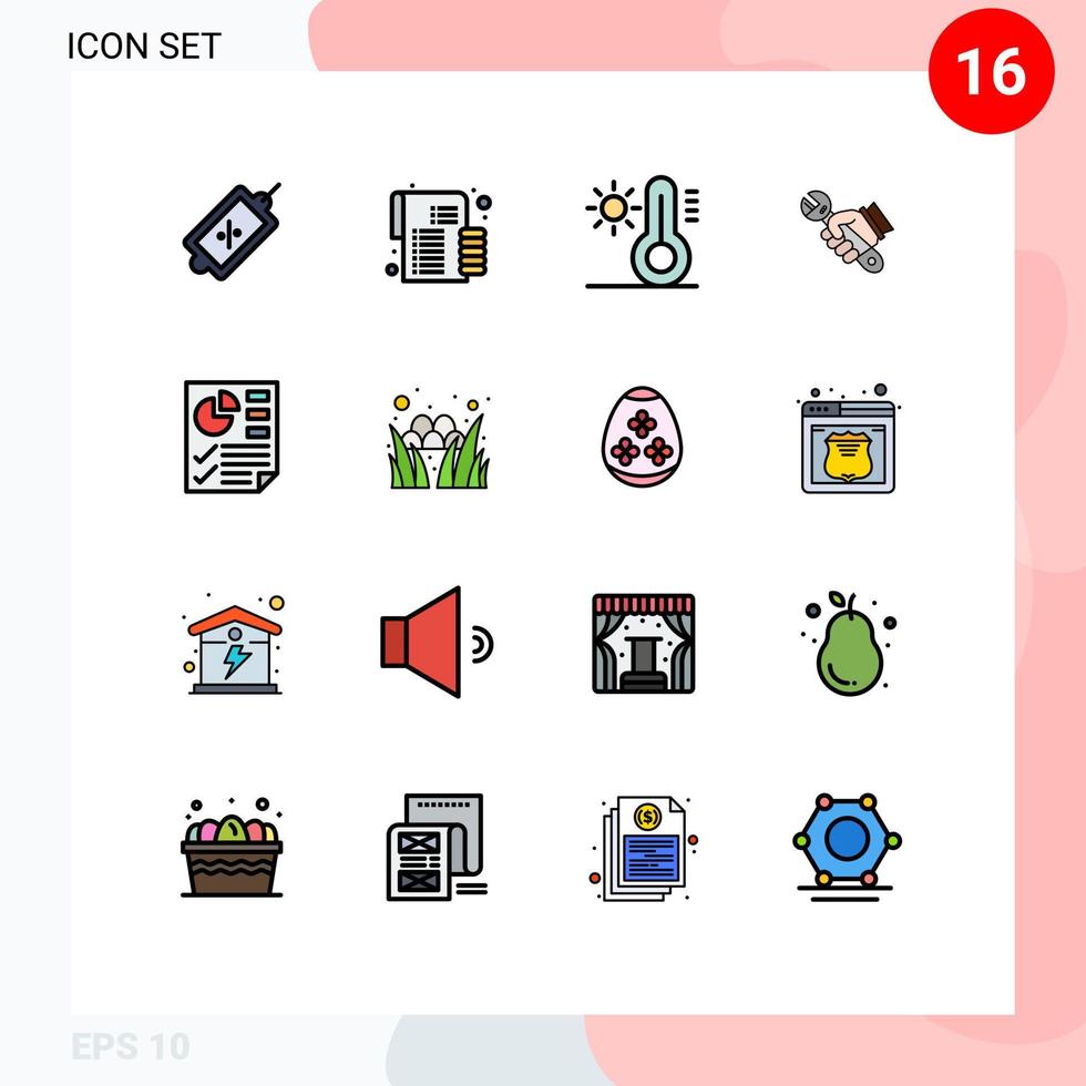 Modern Set of 16 Flat Color Filled Lines Pictograph of document hand climate tools repair Editable Creative Vector Design Elements