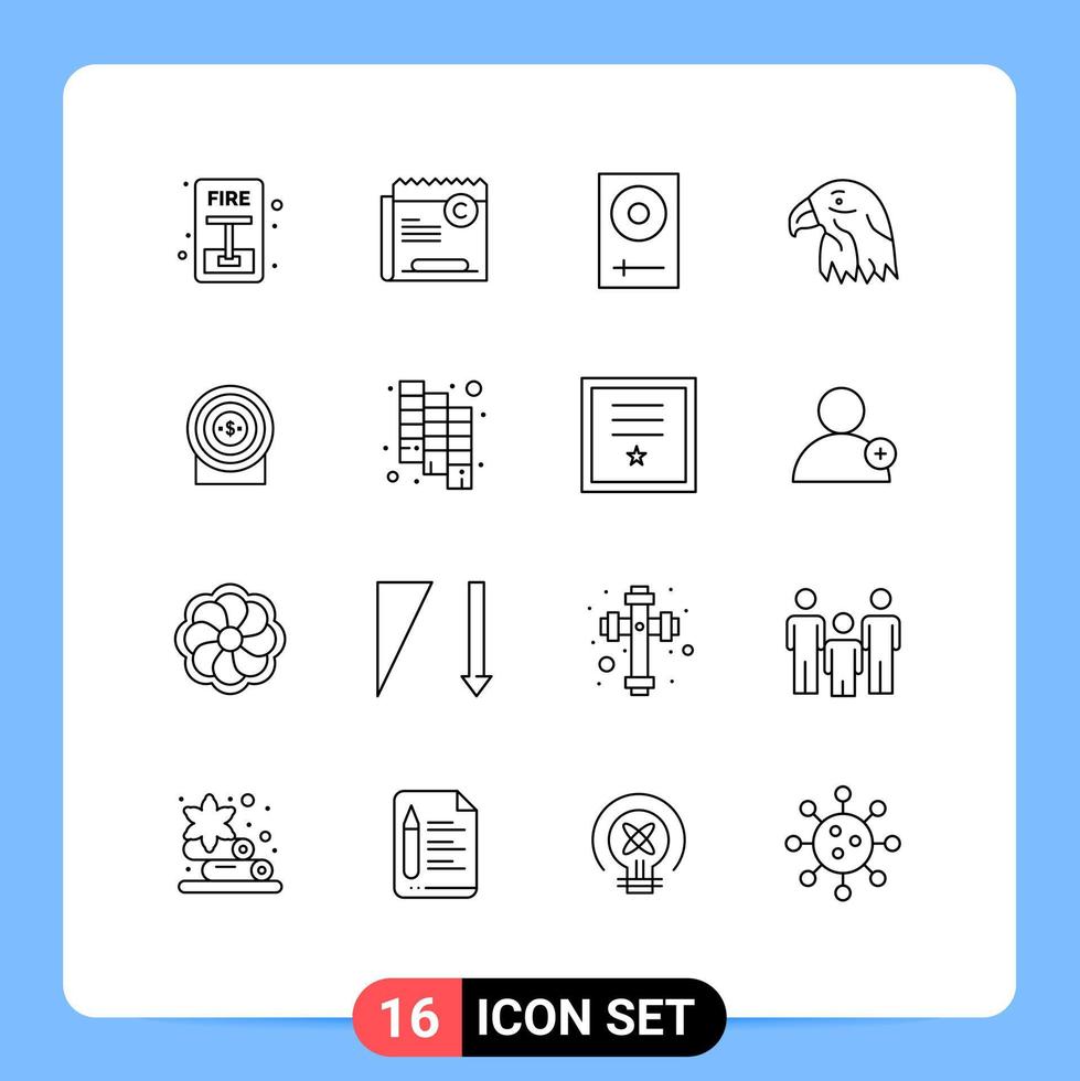 Pack of 16 Modern Outlines Signs and Symbols for Web Print Media such as usa bird file animal electronics Editable Vector Design Elements