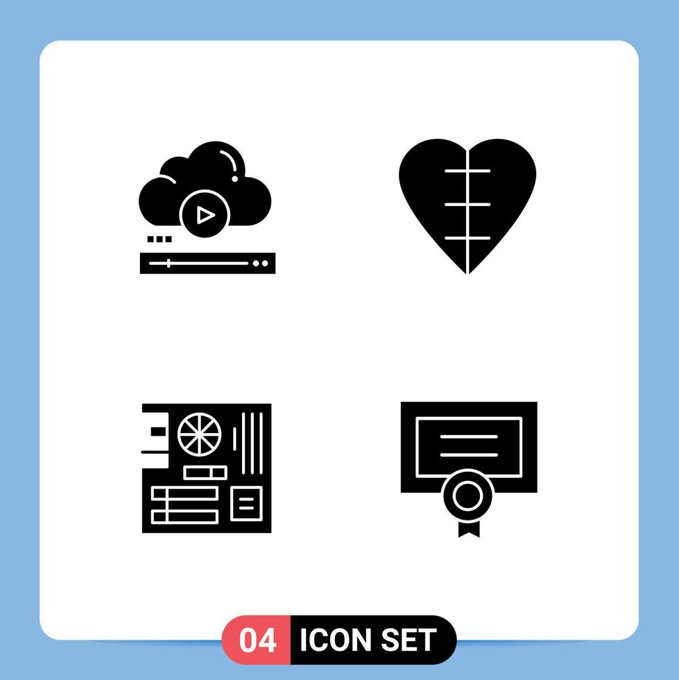 Group of 4 Solid Glyphs Signs and Symbols for video board cloud heart shape main Editable Vector Design Elements