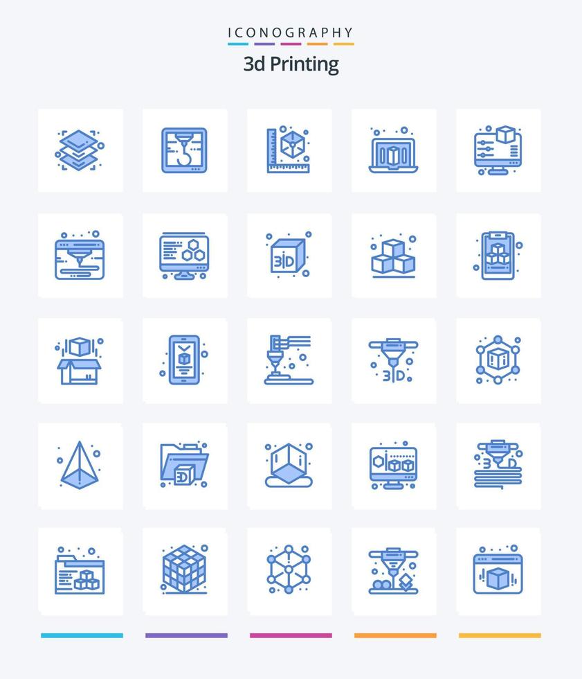 paquete de iconos azules de impresión 3d creativa 25 como vista previa. mostrar. cubo. 3d. ordenador portátil vector