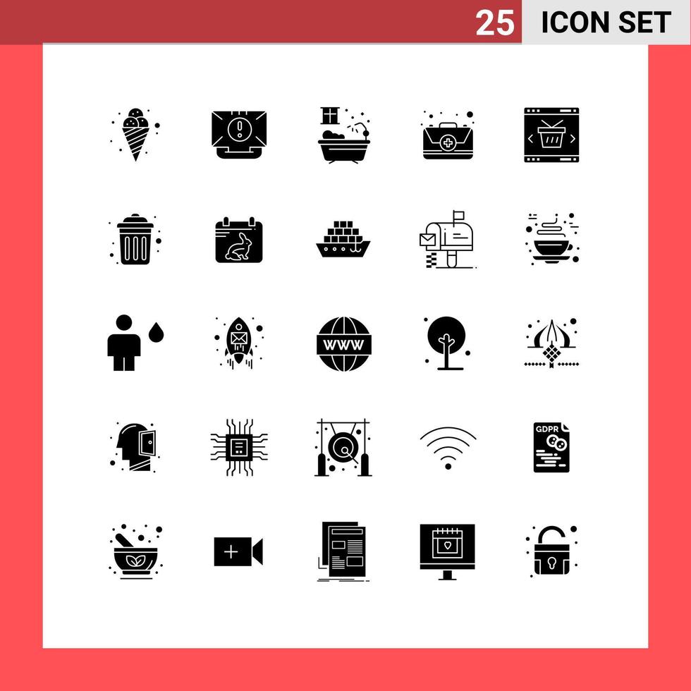 Mobile Interface Solid Glyph Set of 25 Pictograms of basket kit mail first aid Editable Vector Design Elements