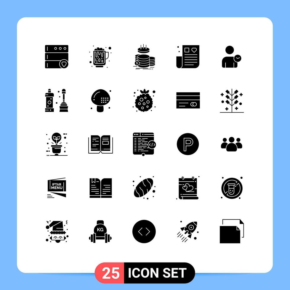 Pack of 25 Modern Solid Glyphs Signs and Symbols for Web Print Media such as user remedy finance medical drug Editable Vector Design Elements
