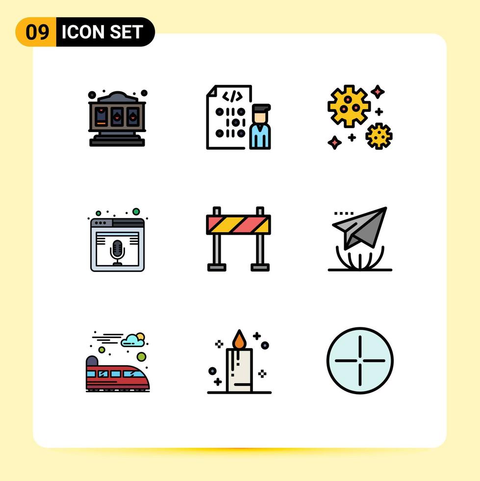 Set of 9 Vector Filledline Flat Colors on Grid for barrier web astronaut podcast microphone Editable Vector Design Elements