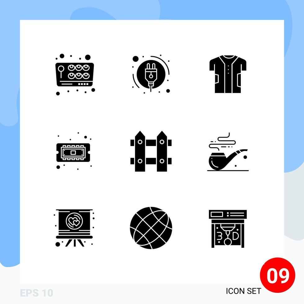 Editable Vector Line Pack of 9 Simple Solid Glyphs of garden hardware clothing cpu chip Editable Vector Design Elements