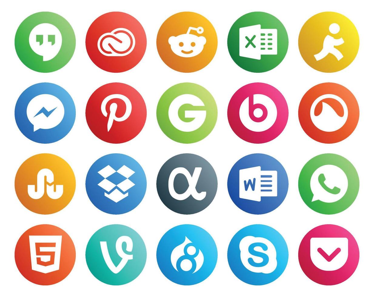 paquete de 20 íconos de redes sociales que incluye la aplicación html word pinterest net stumbleupon vector