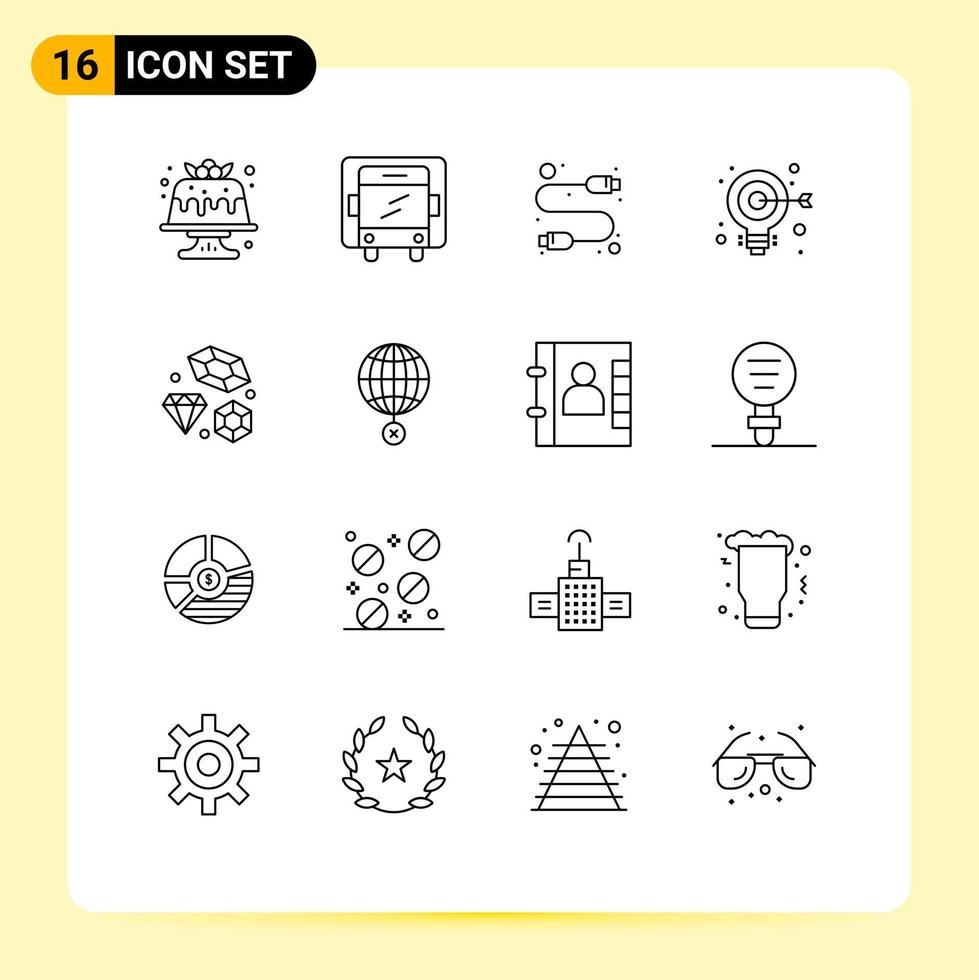 Modern Set of 16 Outlines and symbols such as love web cable aim bulb Editable Vector Design Elements